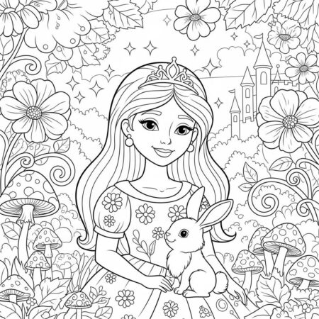 Princesa e Coelho (Desenho para Colorir)