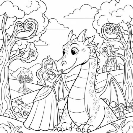 Princesa e Dragao Amigo (Desenho para Colorir)
