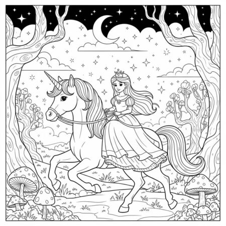 Princesa e Unicornio (Desenho para Colorir)