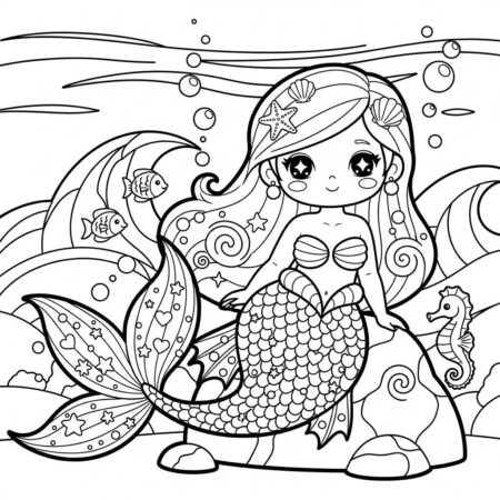 Sereia Kawaii Encantadora (Desenho para Colorir)