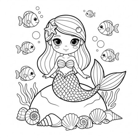 Sereia Kawaii Linda (Desenho para Colorir)