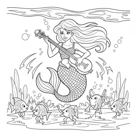 Sereia com Musica (Desenho para Colorir)