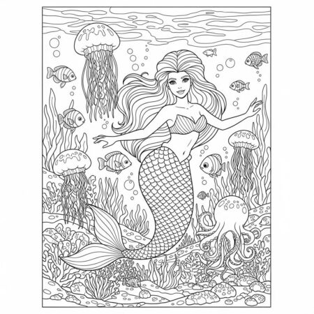 Sereia e Animais Marinhos (Desenho para Colorir)