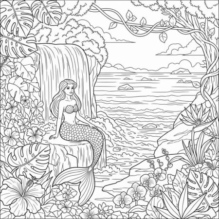 Sereia e Cascata (Desenho para Colorir)