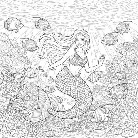 Sereia e Peixes Coloridos (Desenho para Colorir)