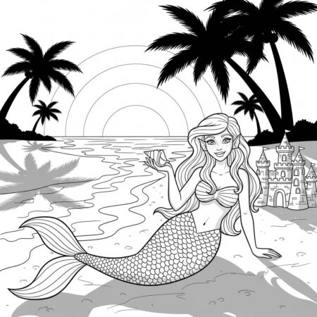 Sereia e Praia Tropical (Desenho para Colorir)