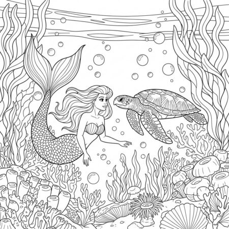 Sereia e Tartaruga Marinha (Desenho para Colorir)