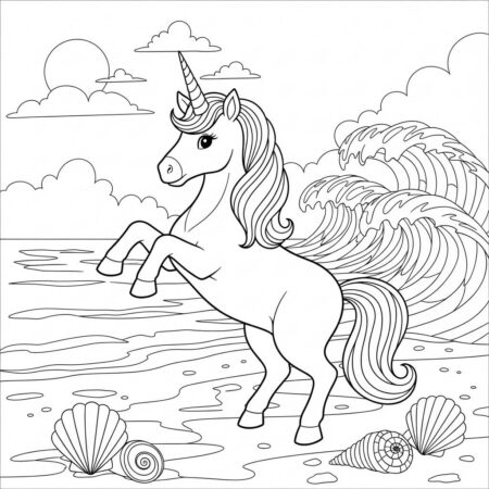 Unicornio Brincando na Praia (Desenho para Colorir)