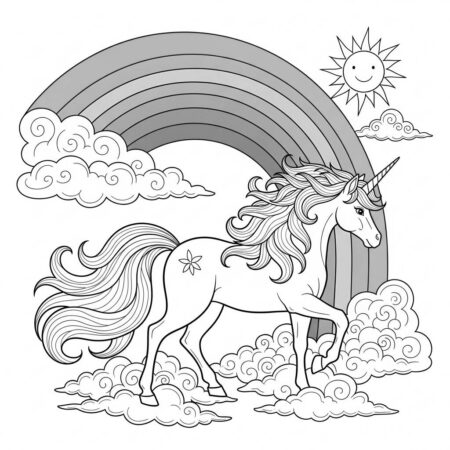 Unicornio Com Arco Iris Brilhante (Desenho para Colorir)
