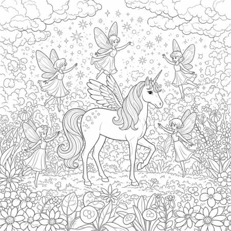Unicornio Com Fadas Dancando (Desenho para Colorir)
