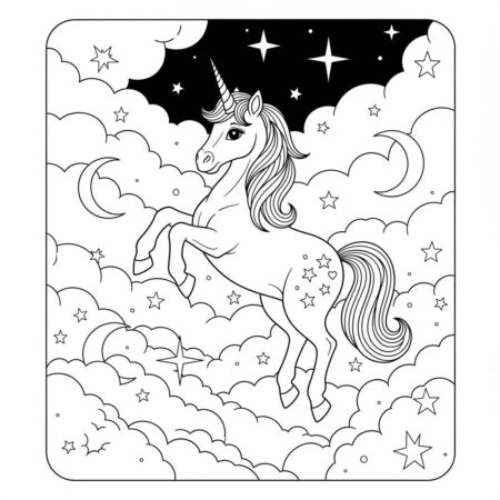 Unicornio E Estrelas Brilhantes (Desenho para Colorir)