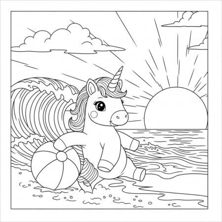 Unicornio Na Praia Divertido (Desenho para Colorir)