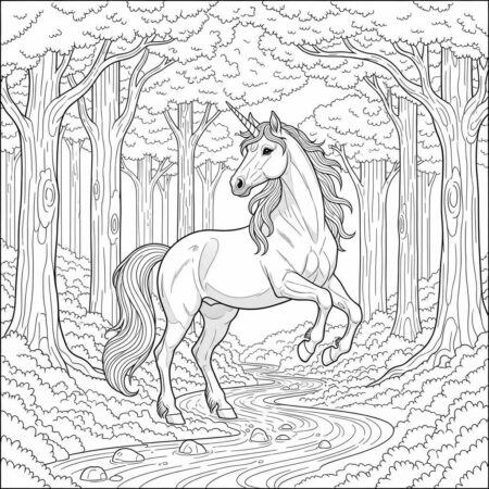 Unicornio Realista Na Floresta (Desenho para Colorir)