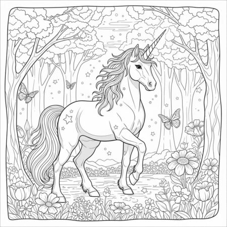 Unicornio Realista em Floresta (Desenho para Colorir)