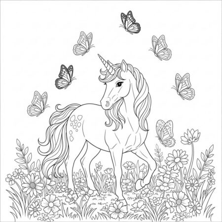 Unicornio com Borboletas (Desenho para Colorir)