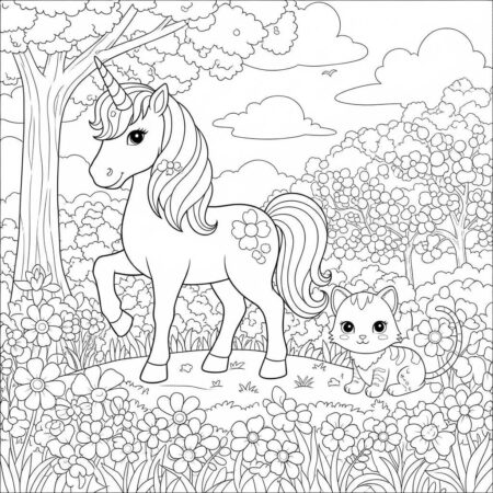 Unicornio com Gato (Desenho para Colorir)