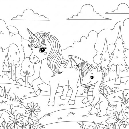 Unicornio e Amigo Dragao (Desenho para Colorir)