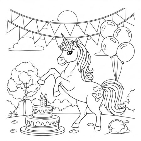 Unicornio e Bolo de Aniversario (Desenho para Colorir)