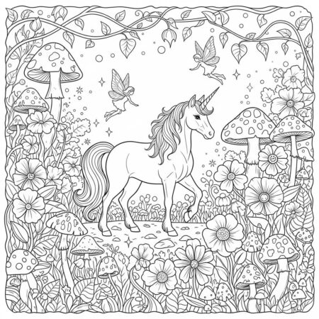 Unicornio e Fadas (Desenho para Colorir)