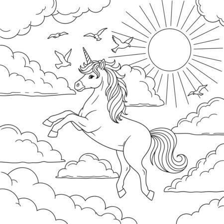 Unicornio e Nuvens (Desenho para Colorir)