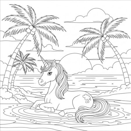 Unicornio e Praia Tropical (Desenho para Colorir)
