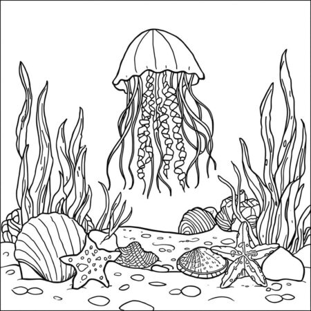 Agua viva e Conchas (Desenho para Colorir)