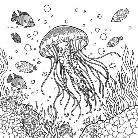 Agua viva e Peixes (Desenho para Colorir)