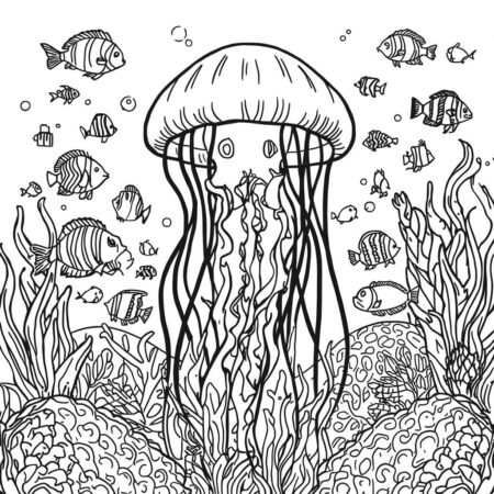 Agua viva e Peixes Coloridos (Desenho para Colorir)