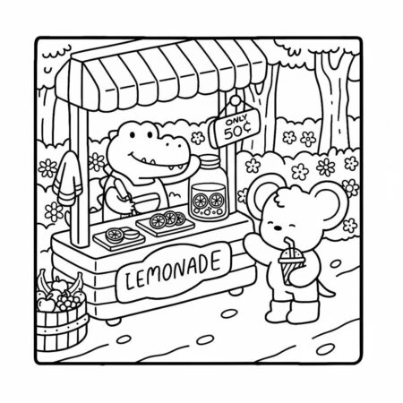 Amigos Aconchegantes na Barraca de Limonada (Desenho para Colorir)