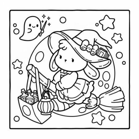 Amigos Aconchegantes na Vassoura (Desenho para Colorir)