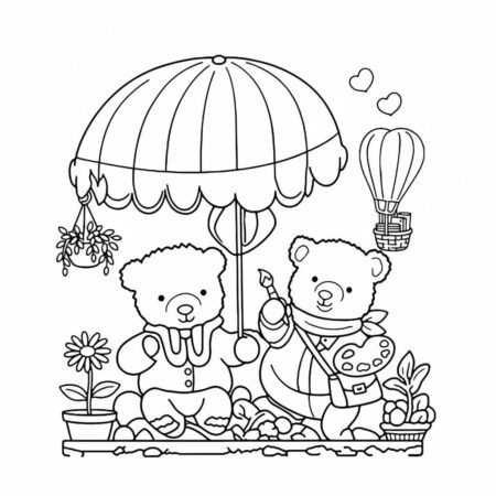Amigos Aconchegantes sob o Guarda Chuva (Desenho para Colorir)