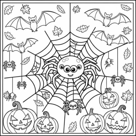 Aranha e Teia de Halloween (Desenho para Colorir)