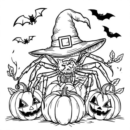 Aranha em Festa de Halloween (Desenho para Colorir)