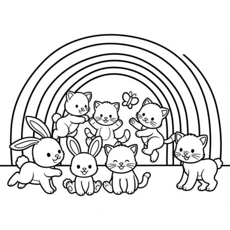 Arco Iris e Animais Fofos (Desenho para Colorir)