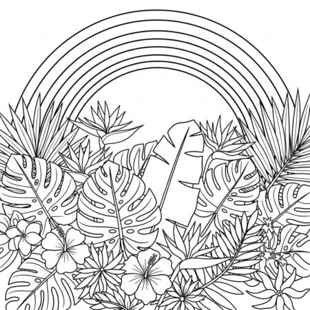 Arco Iris e Folhagem Tropical (Desenho para Colorir)