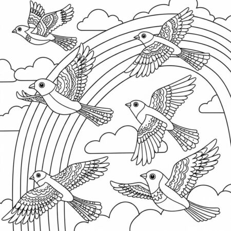 Arco Iris e Passaros (Desenho para Colorir)