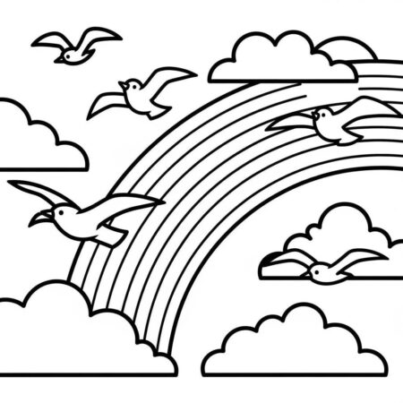Arco Iris e Passaros (Desenho para Colorir)