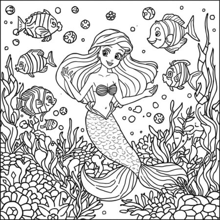 Ariel e os peixes coloridos (Desenho para Colorir)