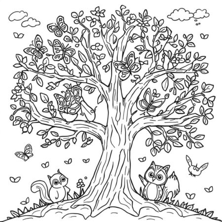 Arvore com Animais (Desenho para Colorir)