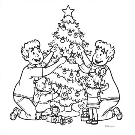 Arvore de Natal em Familia (Desenho para Colorir)