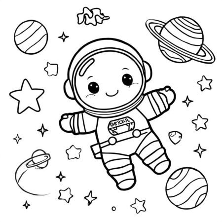 Astronauta Kawaii Feliz (Desenho para Colorir)