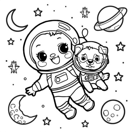 Astronauta com Cao Espacial (Desenho para Colorir)