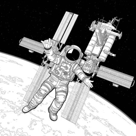 Astronauta e Estacao Espacial (Desenho para Colorir)
