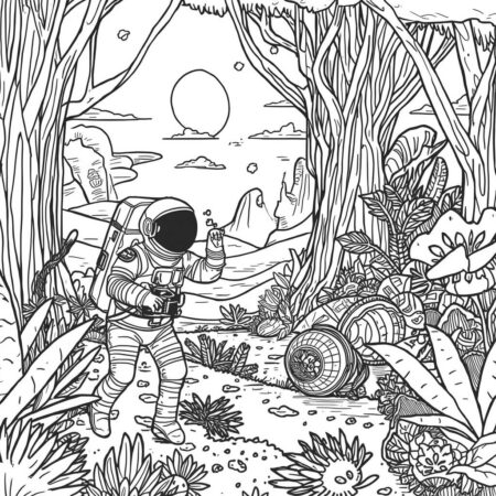 Astronauta e Floresta Espacial (Desenho para Colorir)