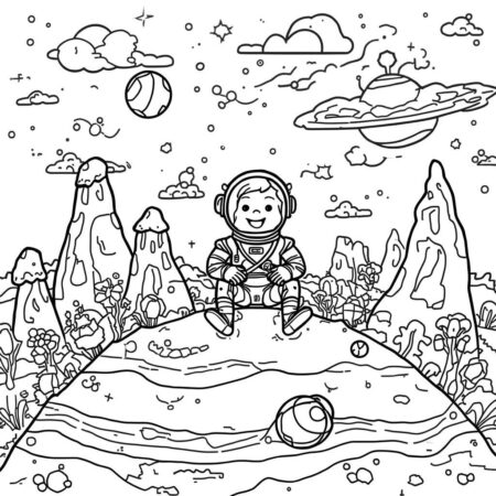 Astronauta e Planeta Colorido (Desenho para Colorir)