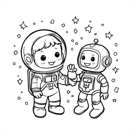 Astronauta e Robo Amigo (Desenho para Colorir)