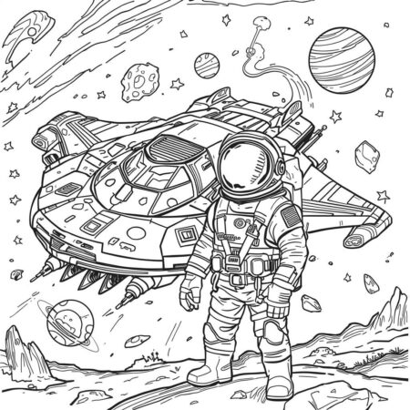 Astronauta e sua Nave Espacial (Desenho para Colorir)