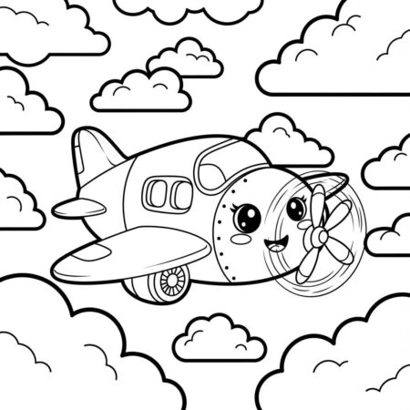 Aviao Kawaii Brincando (Desenho para Colorir)