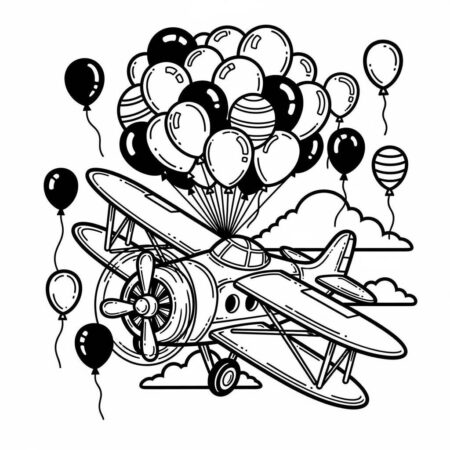 Aviao com Baloes Coloridos (Desenho para Colorir)