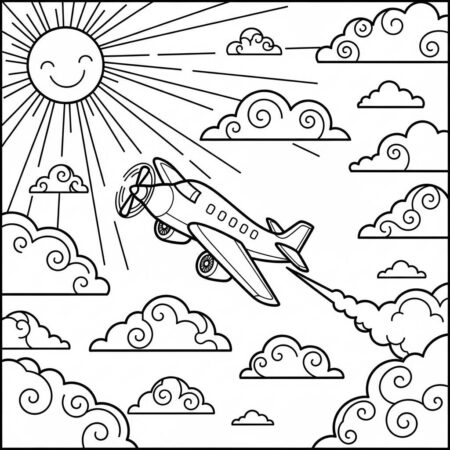 Aviao e Nuvens Fluffy (Desenho para Colorir)